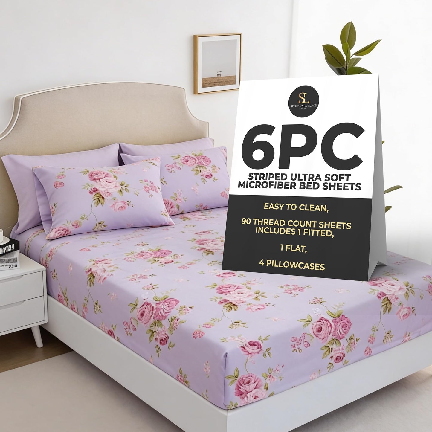 Spirit Linen home 6-Piece King Size Bed Sheet Set - Deep Pocket, Floral Pattern, Soft and Breathable Bed Sheets, Microfiber Material, Includes 1 Fitted, 1 Flat, 4 Pillowcases - Pink/Lavender Floral