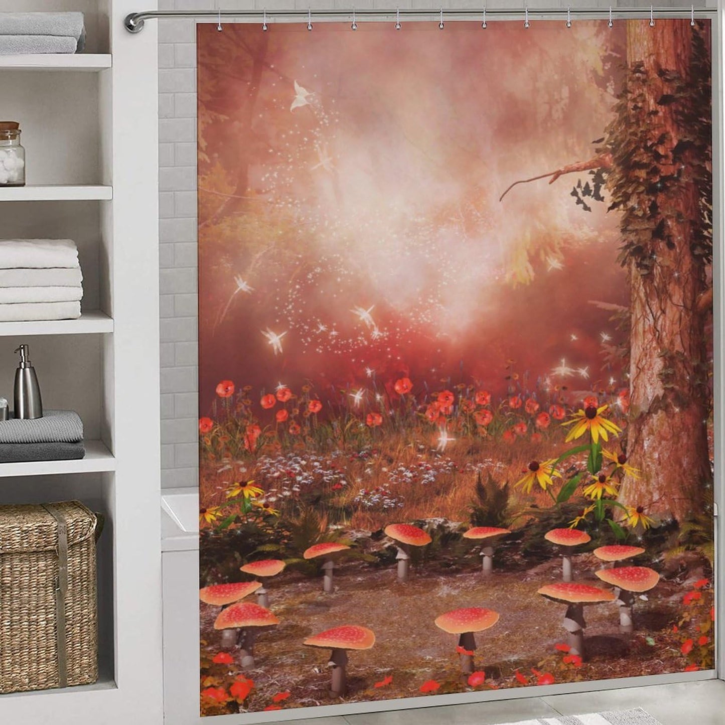 TYVGICZ Fantasy Forest Bath Curtain Fairy Magical Jungle Mushroom Floral Tree Butterfly Lantern Wonderland Nature Plant Shower Curtain for Bathroom Laundry Room Home Bedroom Decor,66x72 Inch