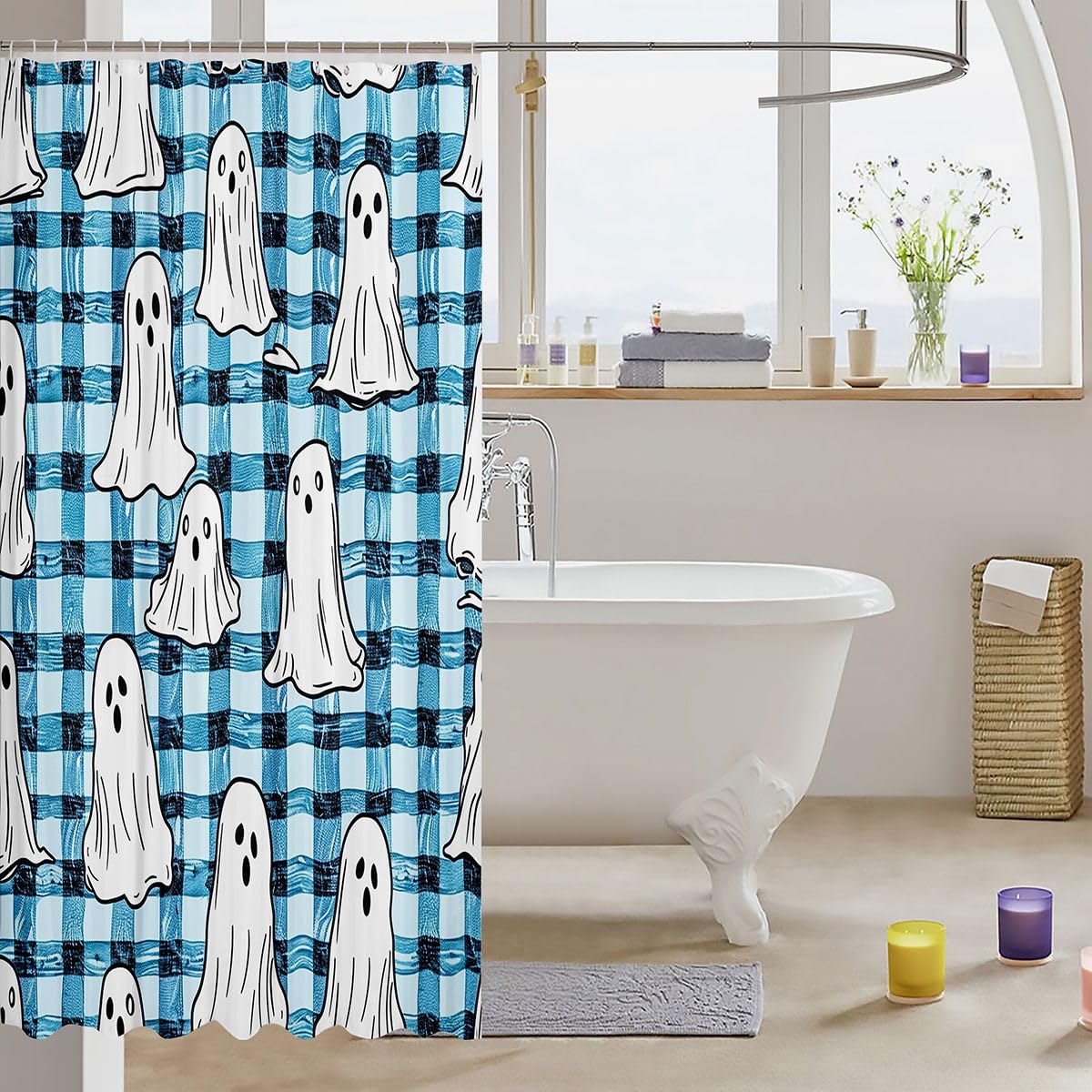 Feelyou Ghost Shower Curtains Halloween Bathroom Curtain for Kids Women Men Blue Maze Lattice Bathroom Accessories Goth Waterproof Polyester Fabric for Stalls Bathtubs 72"x78"