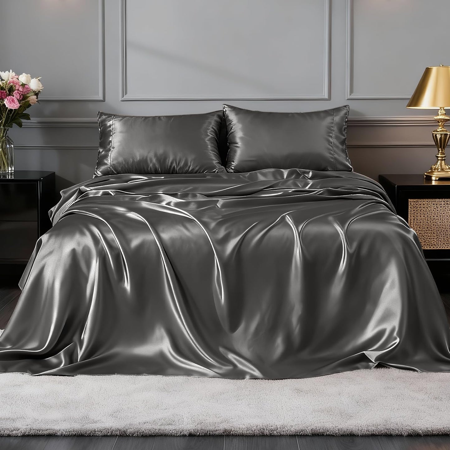 FreshCulture Satin Sheets Full Size - 4 Piece Luxury Soft Silky Full Size Bed Sheets, Similar to Silk Bed Sheet Set with 1 Deep Pocket Fitted Sheet, 1 Flat Sheet & 2 Pillowcases (Gunmetal)