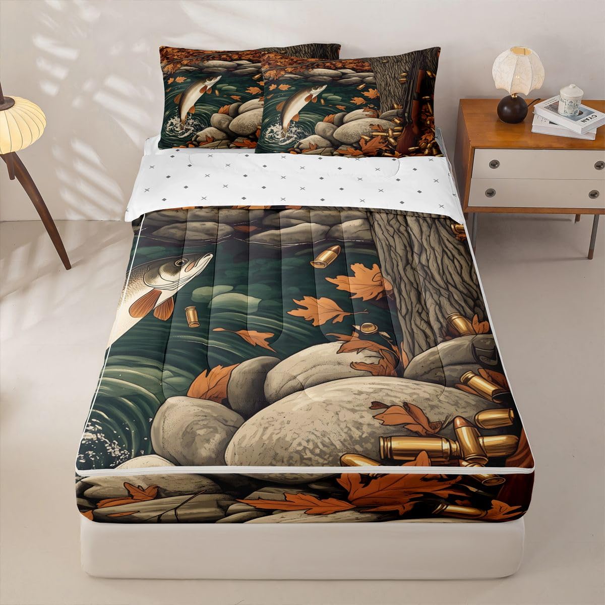 jejeloiu Fishing Zipper Bedding Twin Hunting Wildlife Bedding Sets for Kids Boys Girls Autumn Pond Comforter Set with Fitted Sheet 2 Pillowcases Rustic One Zipper Bed Set for All Seasons
