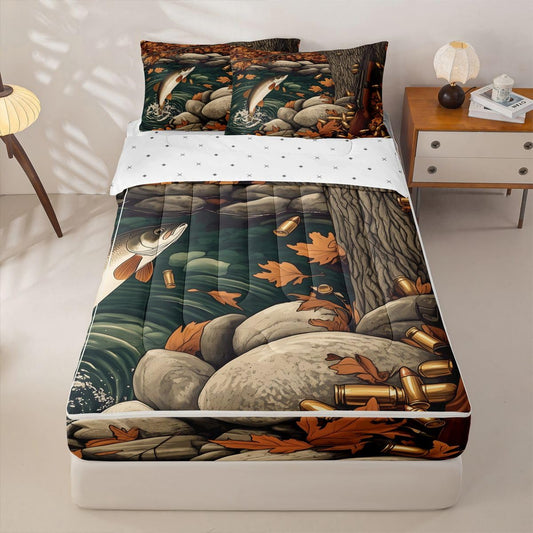 jejeloiu Fishing Zipper Bedding Twin Hunting Wildlife Bedding Sets for Kids Boys Girls Autumn Pond Comforter Set with Fitted Sheet 2 Pillowcases Rustic One Zipper Bed Set for All Seasons