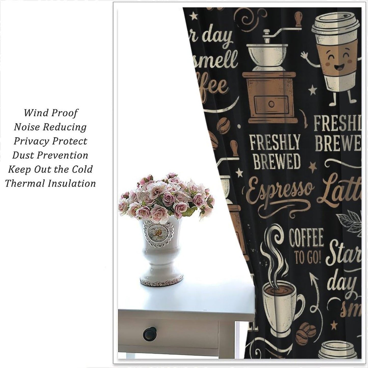 PHTAYOT Coffee Curtains Brown Beans Cups Abstract Letters Afternoon Tea Theme Pattern Blackout Window Drapes for Kitchen Living Room Bedroom,42x54 Inch,2 Panels