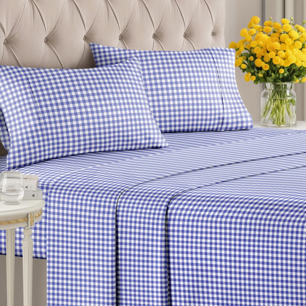Blue Gingham Sheets - 1 Flat & 1 Fitted Sheet & 2 Pillowcases w/ Deep Pockets - Grid, Plaid, Checkered Pattern Bed Set - Comfy, Wrinkle & Fade Resistant - Ultra-Soft, Breathable & Cooling - Full Size