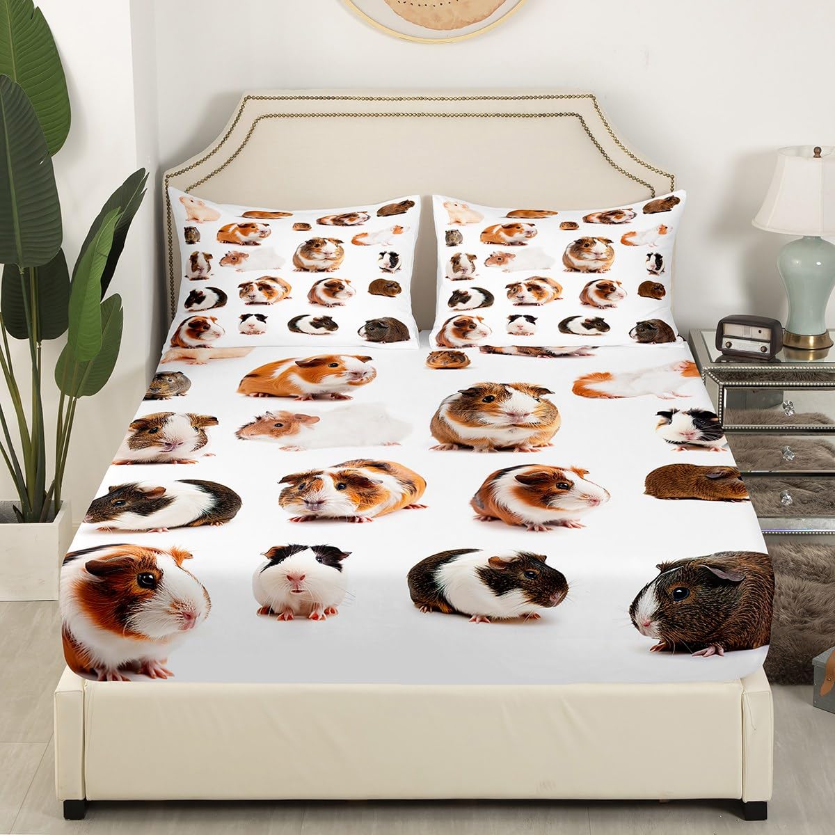 Erosebridal Guinea Pig Fitted Sheet, Kids Rodent Breeds Mouse Bedding Set Full Size, Cute Animal Pet Theme Bed Sheet for Children Boys Girls Bedroom, Lovely Guinea Pig Bed Set, White(No Top Sheet)