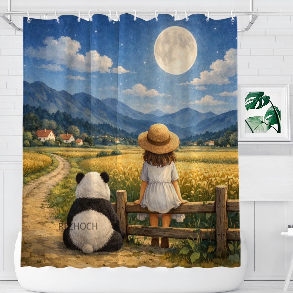 REZHOCH Moonlit Country Fun Panda Shower Curtain 72x72Inch,Cute Girl Animal Home Hotel Bathroom Decor,Farmhouse Rustic Nature Night Sky Full Moon Waterproof Fabric Bath Set