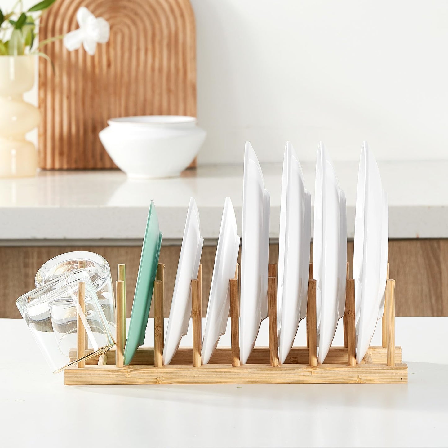 NOVAYEAH 4 Pcs Bamboo Wooden Dish Rack-Plate Pot Lid Cutting Board Organizer Holder Rack for Cabinet-Kitchen Cabinet Organizer for Dish, Pots, Lids, Bowls, Bottles, Books, and Puzzle