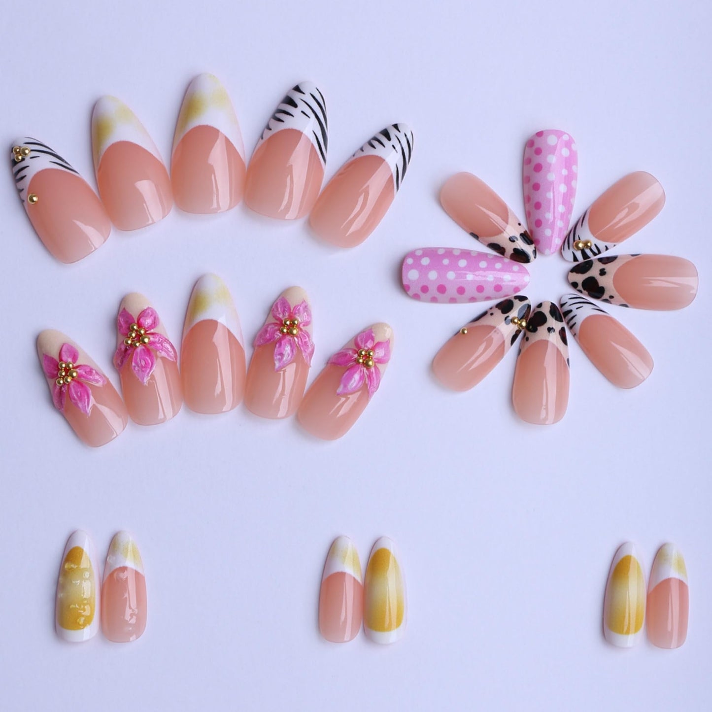 octoswave Press on Nails Medium Almond Fake Nails Pink French Artificial Nail 3D Flowers Stick on Nail for Women 24pcs