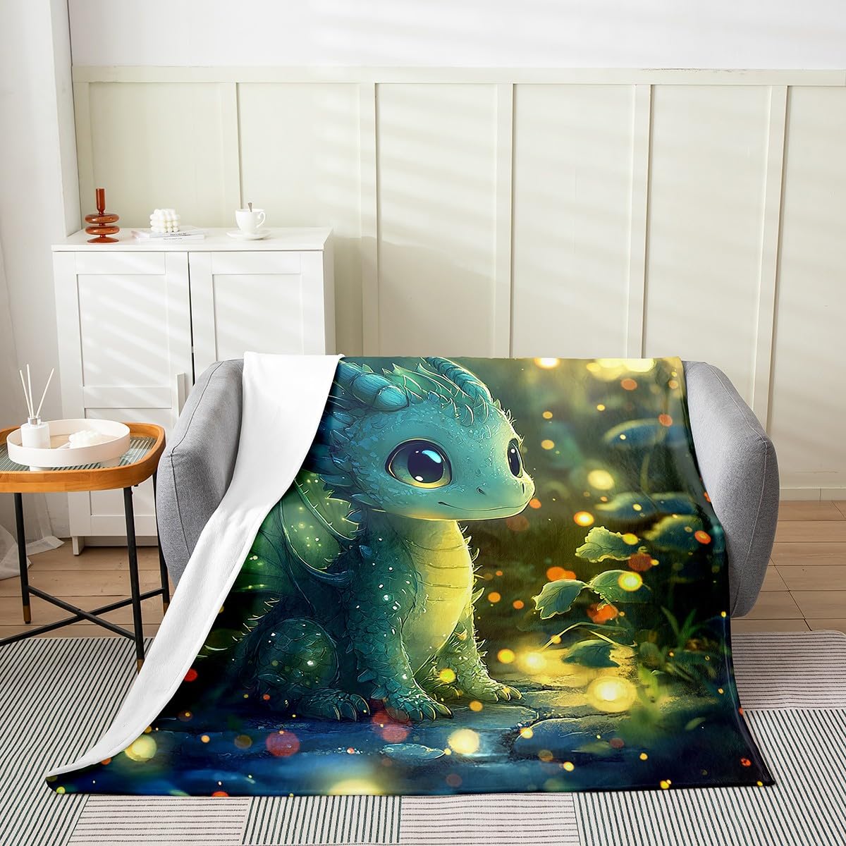 Feelyou Dragon Plush Throw Blanket Queen 90"x90" Dragon Stuff Flannel Fleece Blanket for Boys Girls Teens Kawaii All Season Bed Blanket Dragon Decor Blanket Room Decor Bright Green
