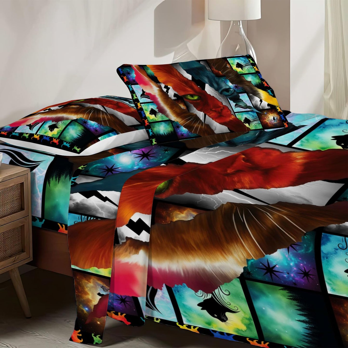 Allenjoy Forest Courage Mystery Cats Sheets Set with Fitted Sheet, Flat Sheet and 2 Pillowcases for Boys Men Teens Son Fans Bedding Bedroom Decor, Full Size
