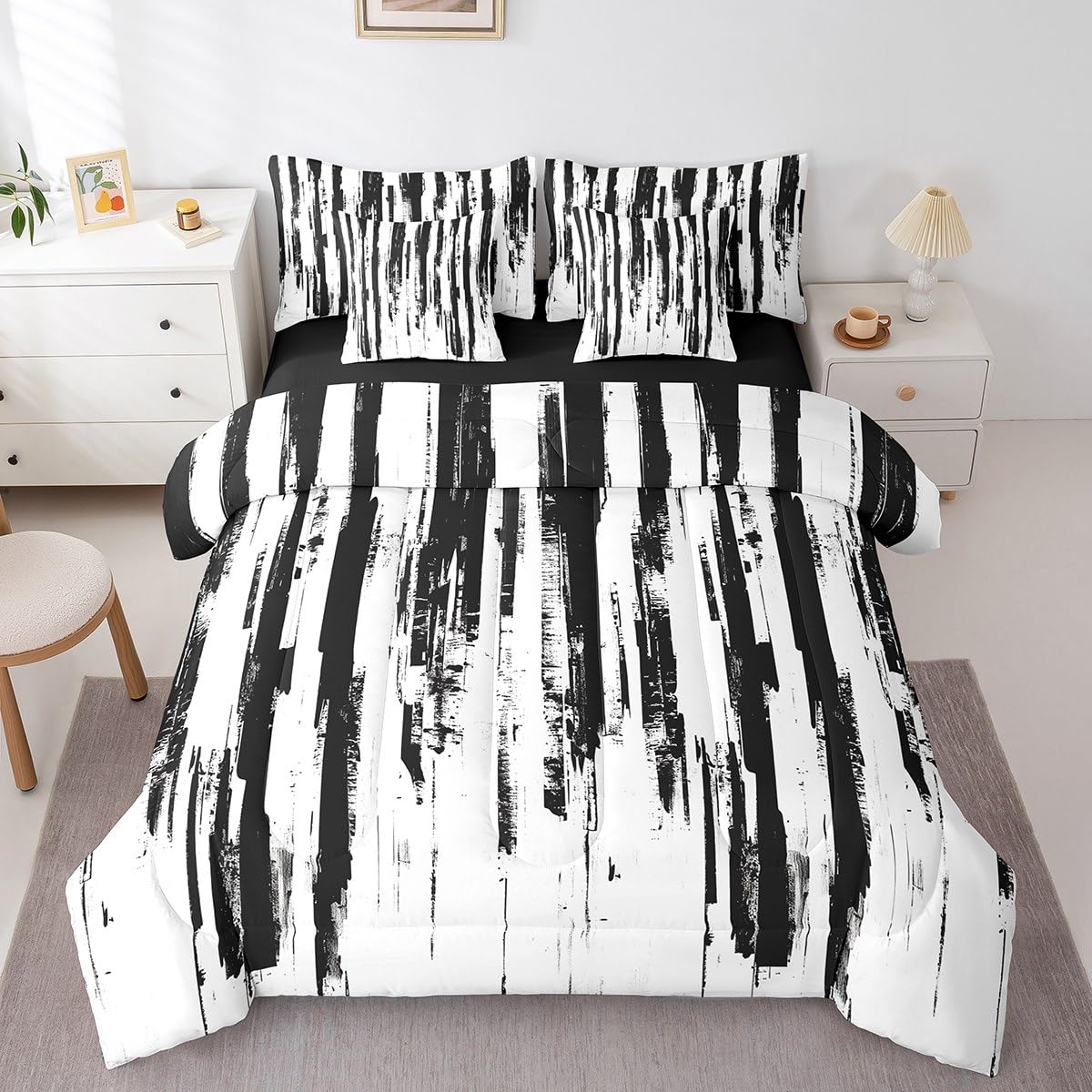 Erosebridal 7Pcs Black and White Boho King Comforter Set,Geometric Striped Abstract Bed in A Bag for Women Men Teens,Modern Art Aesthetic Bedding,White and Black Ink Quilt Set with Pillowcases