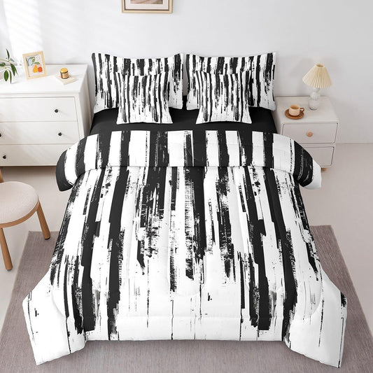 Erosebridal 7Pcs Black and White Boho King Comforter Set,Geometric Striped Abstract Bed in A Bag for Women Men Teens,Modern Art Aesthetic Bedding,White and Black Ink Quilt Set with Pillowcases