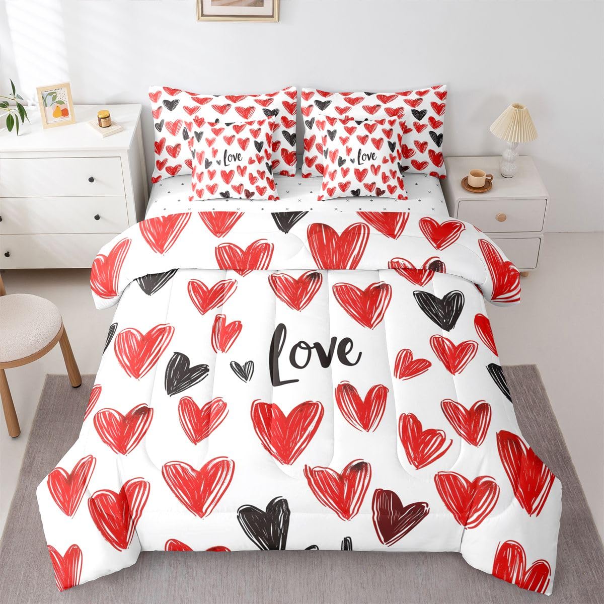 Erosebridal Couple Love Comforter Sets with Sheets - Red and Black Love Hearts Bedding Set Full for Boys Girls Romantic Gifts 7Pcs Bed in A Bag Valentines Day Bed Set