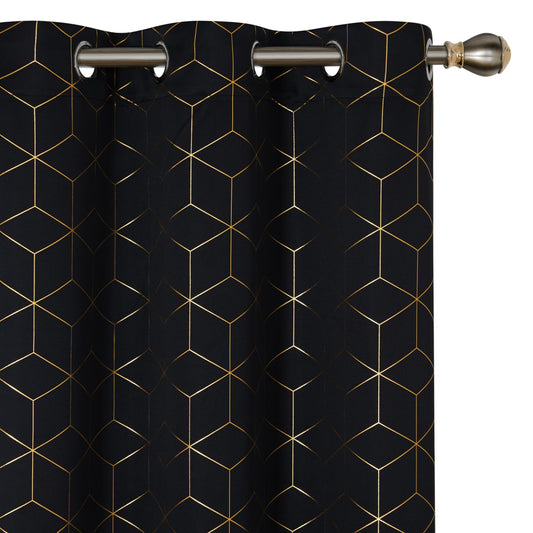 Deconovo Grommet Blackout Curtains, Room Darkening Gold Diamond Drapes, 2 Panels, Black, 42W x 95L Inch, for Bedroom and Living Room