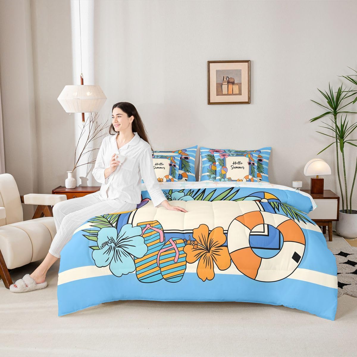 Erosebridal Summer Coastal Beach Queen Bedding Set Hibiscus Flower Palm Comforter Set with Flat and Fitted Sheet Kids Adults Blue Geometric Stripes 7-Piece Bed in a Bag Pool Hello Summer Quilt Sets