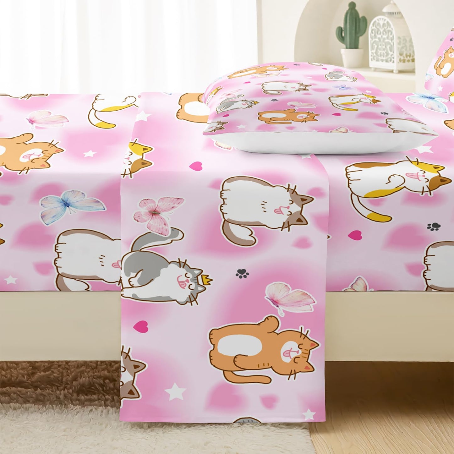QOOMO Kawaii Cat Kids Bed Sheets Twin Size,Cute Kitten Print Bedding Sheet Set,4Pcs Cartoon Animal Deep Pocket Bed Sets with 1 Fitted Sheet 1 Flat Sheet 2 Pillowcases for Boys Girls Teens