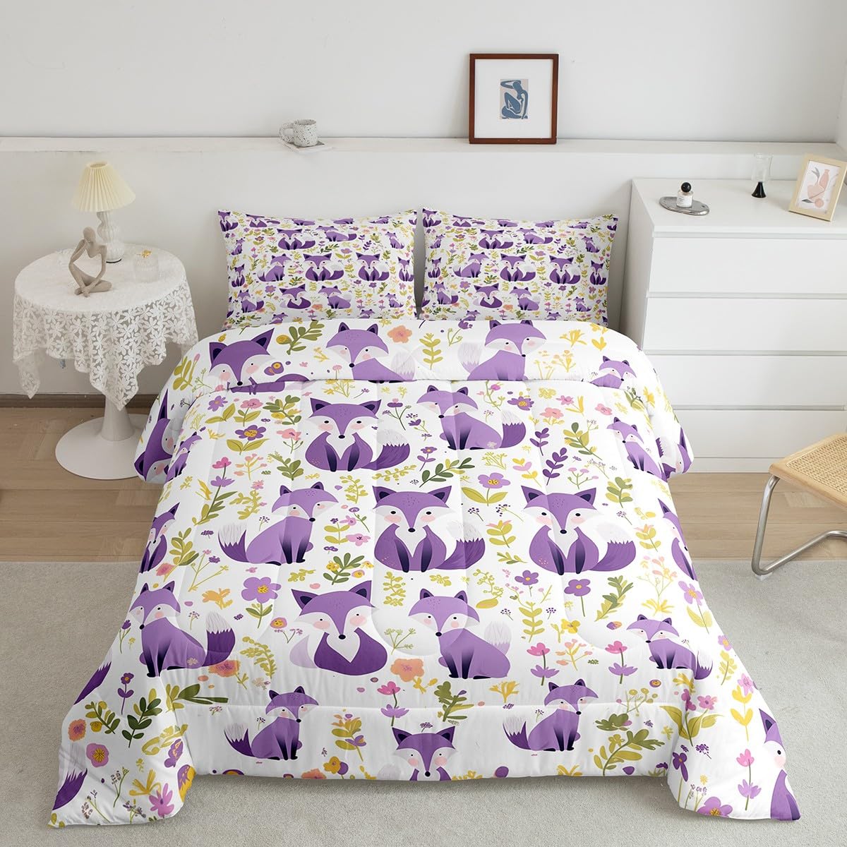 Feelyou Purple Fox Comforter Set Twin Size Kids Cute Cartoon Fox Bedding Set for Boys Girls Teens Animal Floral Comforter Breathable Woodland Fox Duvet Set Nature Wildlife Quilt Set