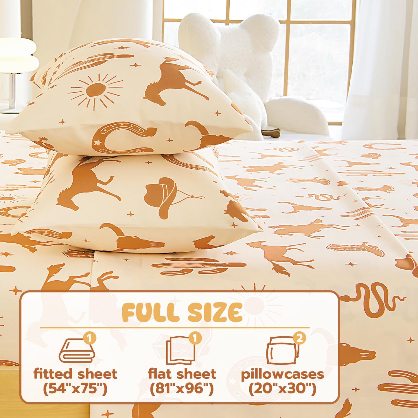 Homilay Full Sheet Set Kids - West Cowboy 4 Pieces Soft Microfiber Cartoon Style Bedsheets for Boys Girls Teens, Oeko TEX Breathable 15 Inch Deep Pocket Sheets(Yellowstone)