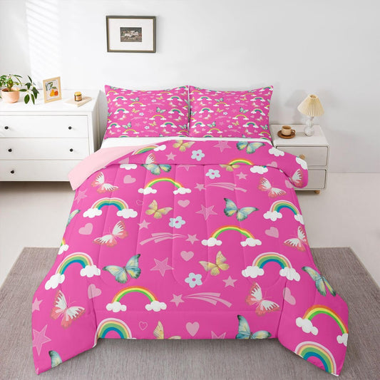 Erosebridal Rustic Butterfly Comforter Set Abstract Rainbow Full Size Bedding Sets for Kids Boys | Colorful Boho Floral Comforter Butterfly Decorations Bed Set, Kawaii Room Decor Aesthetic