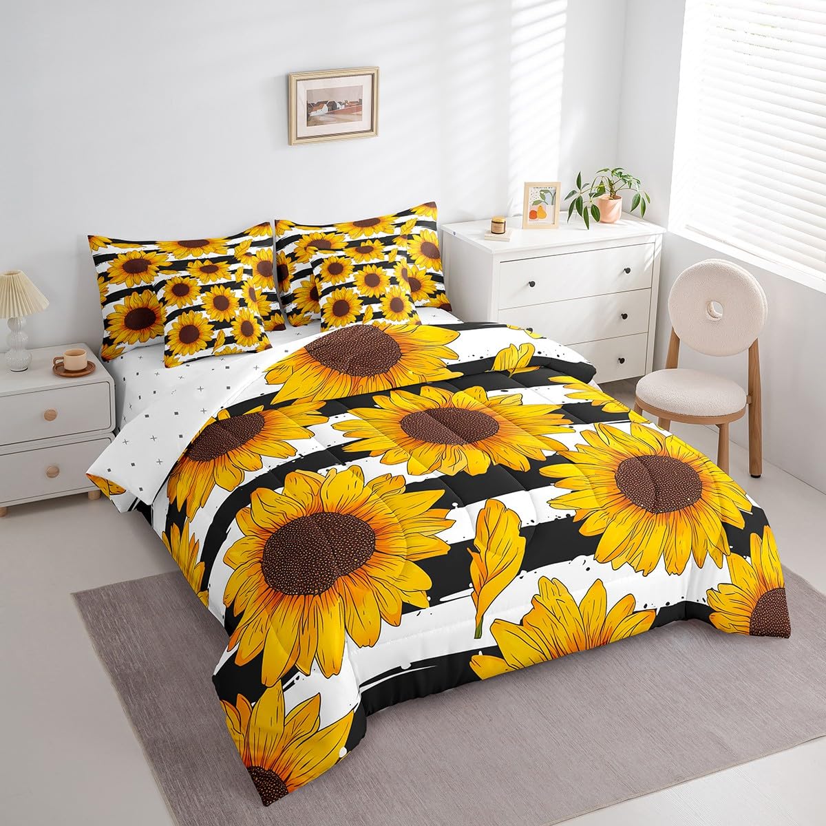 Erosebridal Sunflower 7 Piece Comforter Set Full Bed in a Bag,Yellow Flowers Bedding Sets Black and White Striped Sheet Set with Comforter