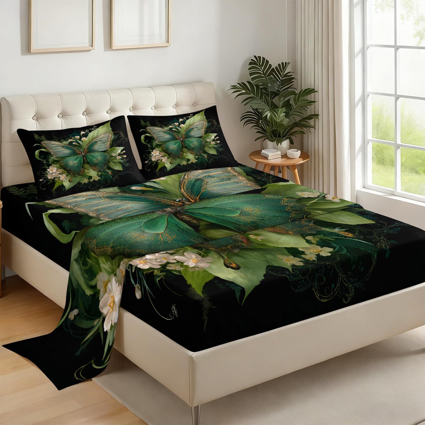 ZAOMIR Butterfly Floral Sheet Set King for Women, Botanical Flower Leaves Bed Sheets Set 4 Pieces Soft Microfiber Boho Black Green Bedding Sheets with Deep Pocket Fitted Sheet & 2 Pillowcases