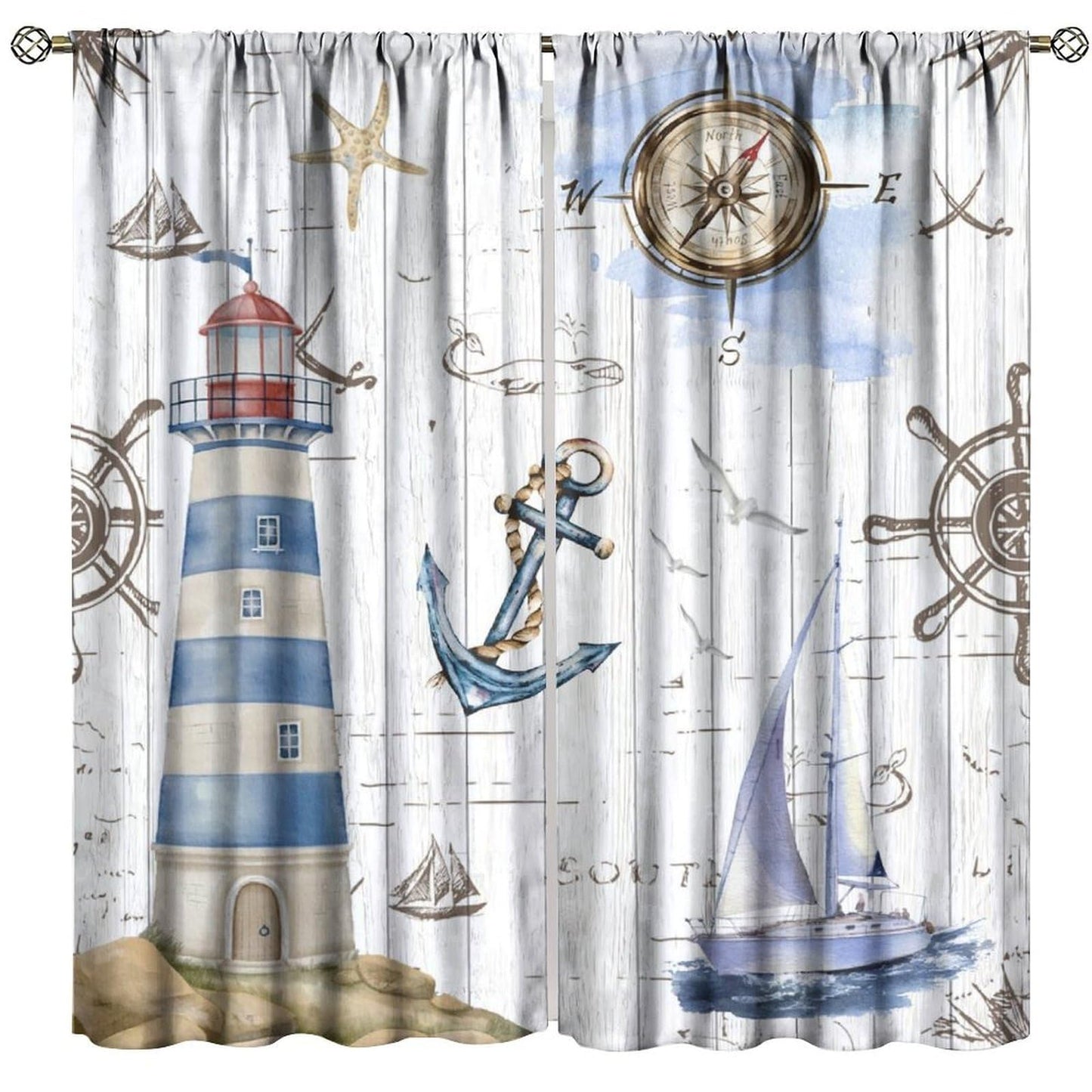 Nanacur Lighthou Nautical Map Curtains, Ocean Vintage Adventure Compass Anchor Shell Rod Pocket Window Treatment for Kids Bedroom Living Room Kitchen Drapes 41" W X 45" L (No Blackout)