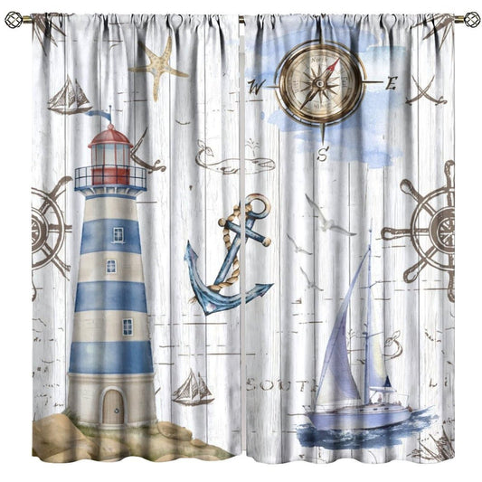 Nanacur Lighthou Nautical Map Curtains, Ocean Vintage Adventure Compass Anchor Shell Rod Pocket Window Treatment for Kids Bedroom Living Room Kitchen Drapes 41" W X 45" L (No Blackout)