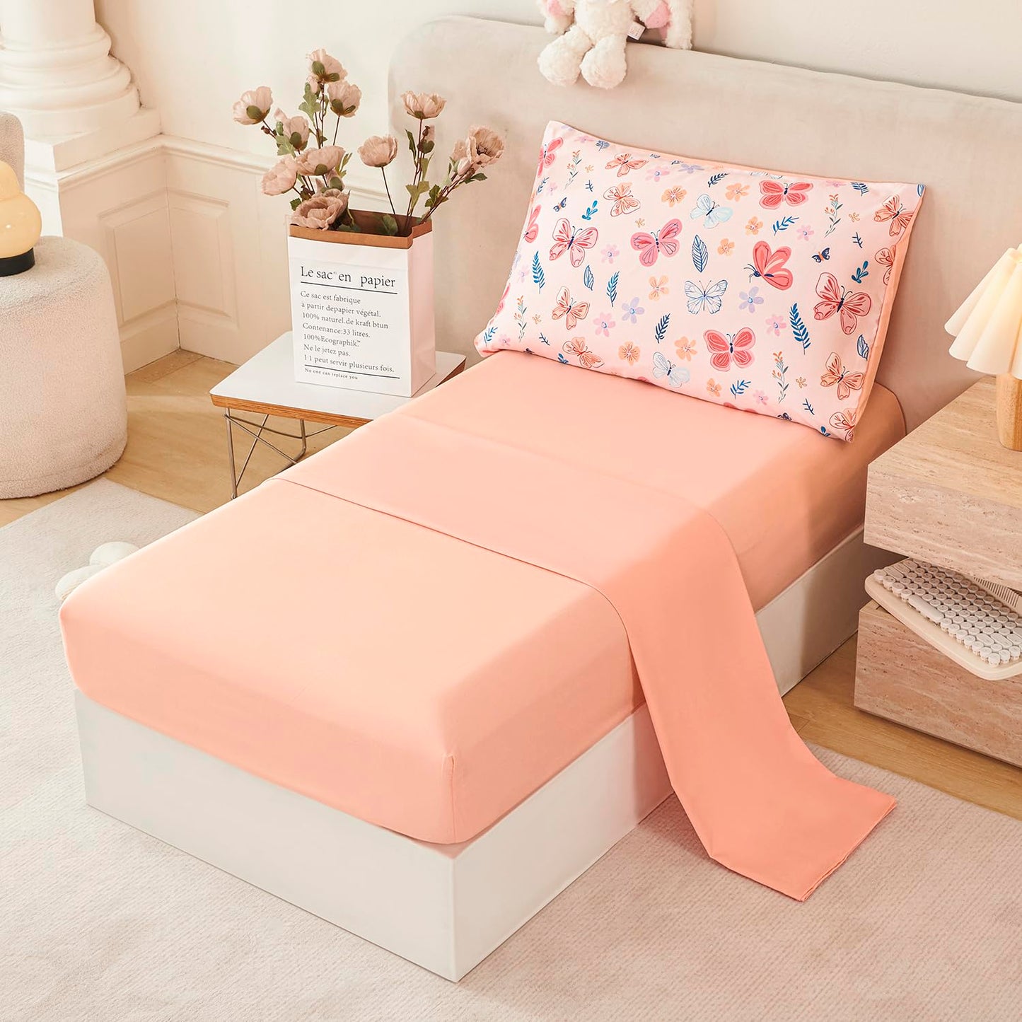 URBONUR Cute Butterfly Toddler Bedding Set for Girls, 4 Piece Bed-in-a-Bag Toddler Microfiber Comforter Sheet Set, Botanical Flowers Printed, All Season Easy Care