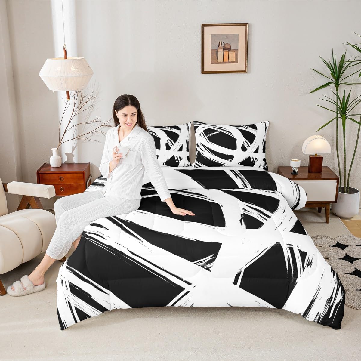 Erosebridal White and Black Abstarct Queen Comforter Set for Adult Women Men, Geometric Striped Bedding Set for Minimalists,Graffiti Aesthetic Lines Quilt,Contemporary Boho Modern Art Duvet Insert
