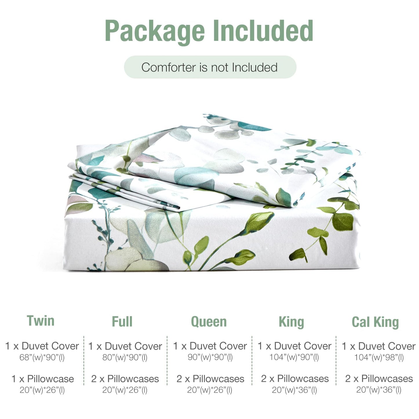 Lekesky Duvet Cover Queen Size, Reversible Botanical Floral Duvet Cover Set with Zipper Closure, 3 Pieces Soft Microfiber Green Bedding Set (1Duvet Cover 90"x90", 2 Pillowcases 20"x26")