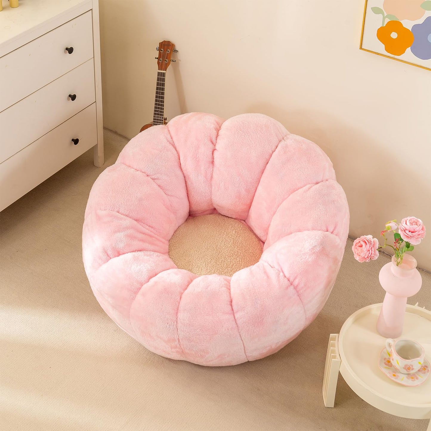 IEVENW Pumpkin Bean Bag Sofa Chair, Bean Bag Chair with Filler for Teens, Kids, Toddler, Comfy and Lazy Sofa for Dorm, Apartment, Living Room and Bedroom, Pink