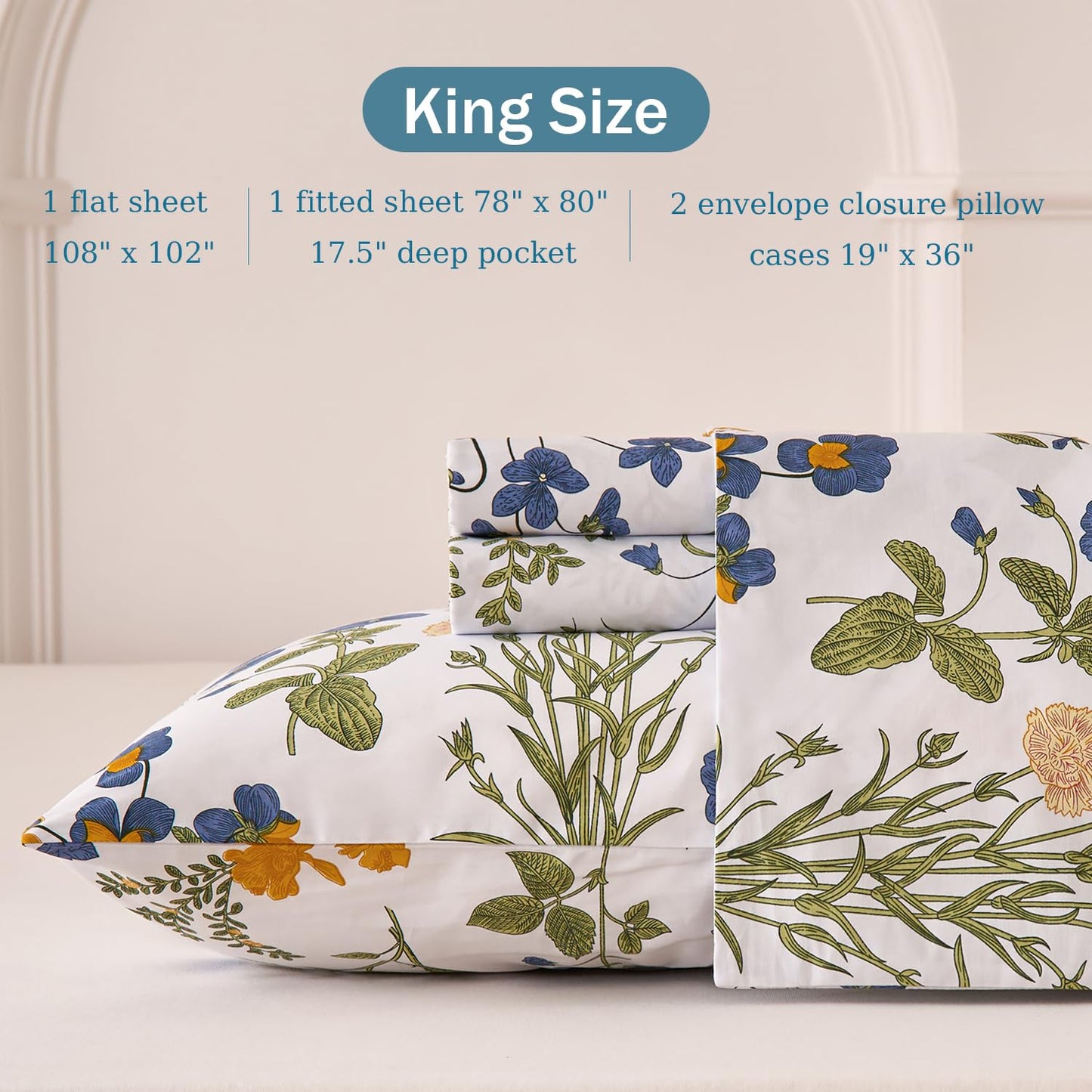 Huborise Green Floral Bed Sheets Set King Size 100% Percale Cotton Yellow & Blue Flower Printed Sheets, Soft & Breathable, Leaf Pattern Botanical Bedding Luxury Deep Pocket Fitted Sheet 17.5" 4 Pcs