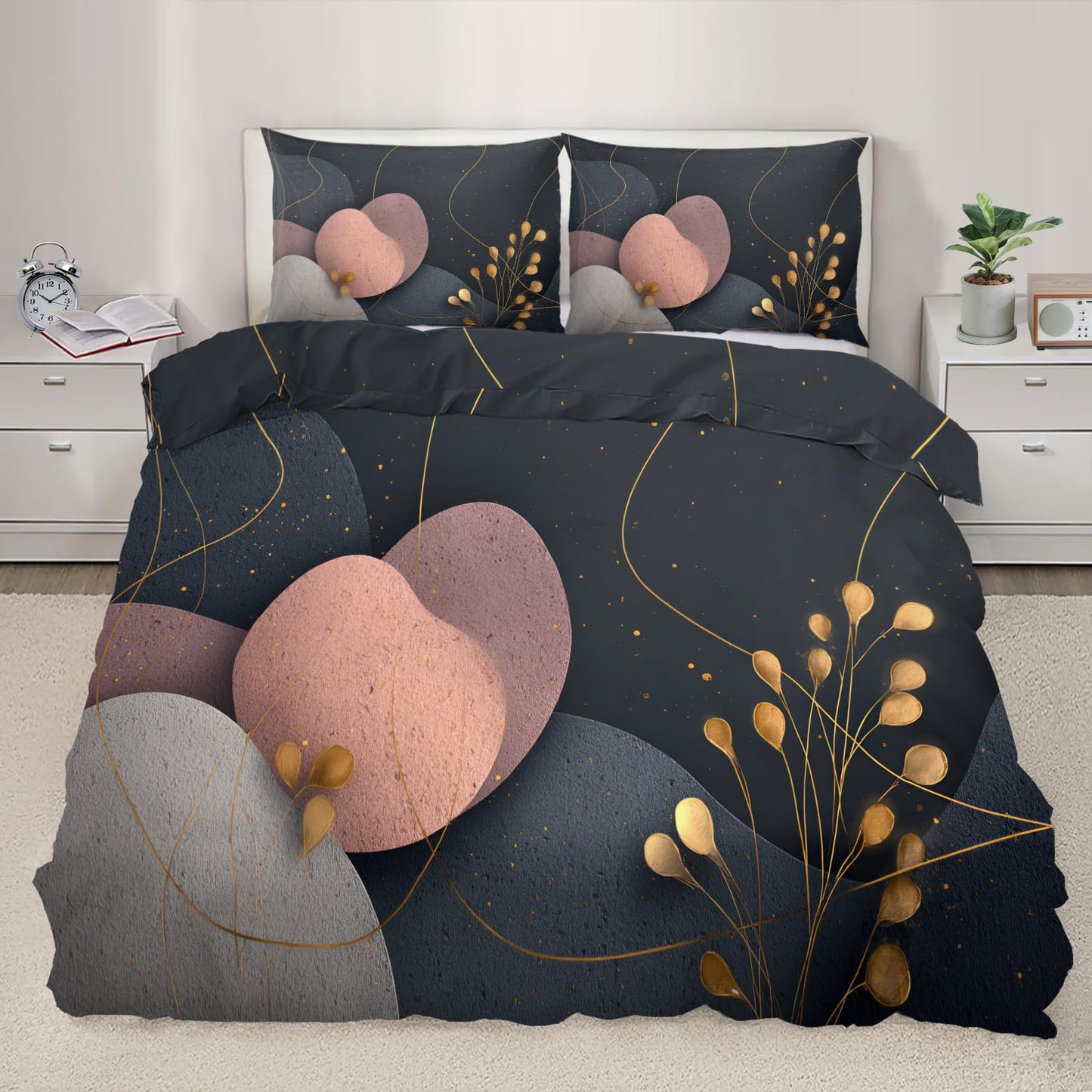 ZAOMIR Mid Century Modern Abstract Duvet Cover Twin Size, Dark Gray Black Rose Pink Geometric Bedding Set 3 Piece, Abstract Geometric Botanical Patterned Comforter Cover with Zipper, 2 Pillowcases