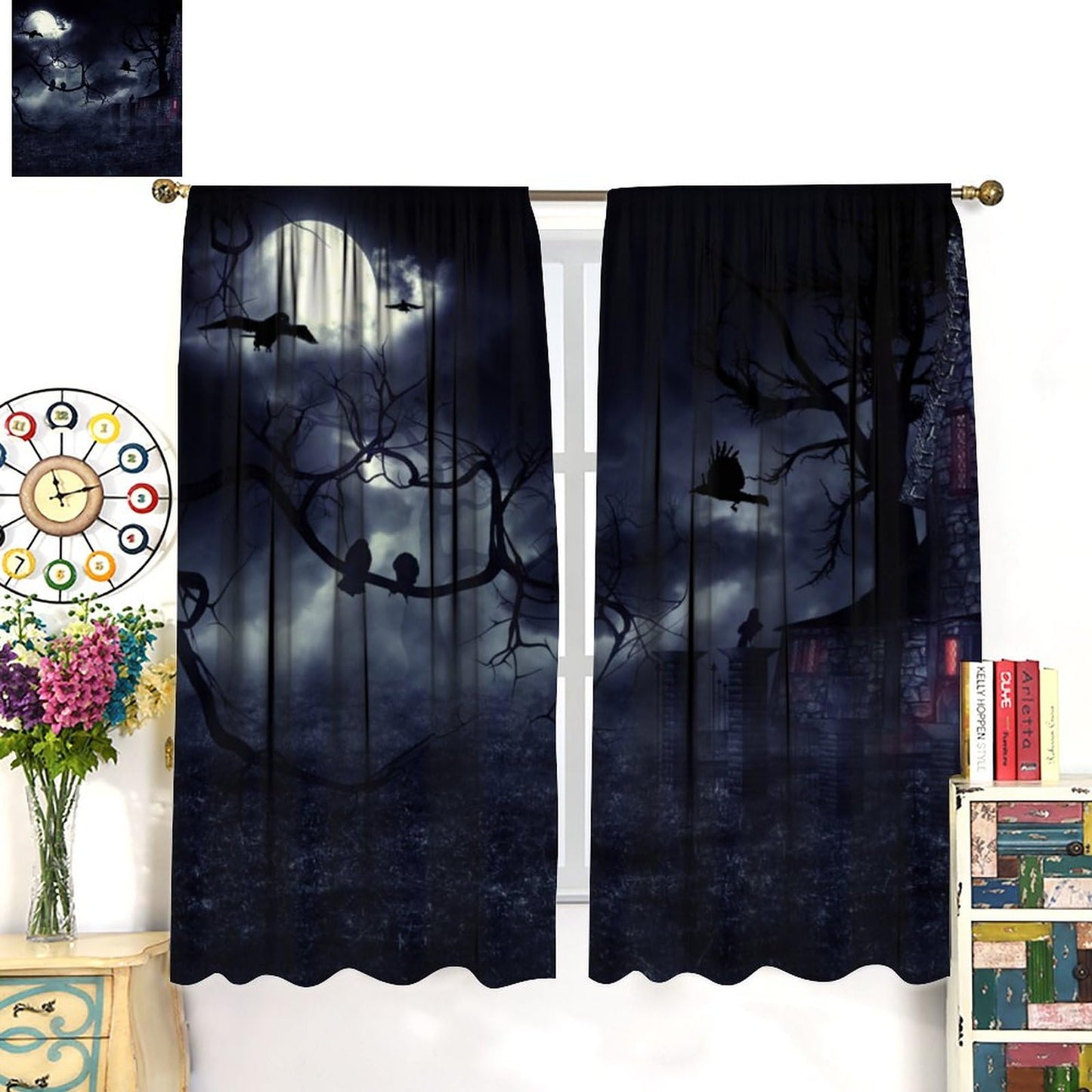 DDCBNS Gothic Curtains,Dark Forest Crow Black Raven Window Treatments for Bedroom Living Room Kitchen Horror Halloween Window Drapes 2 Panel Set,Total Size 42 x 45 Inch