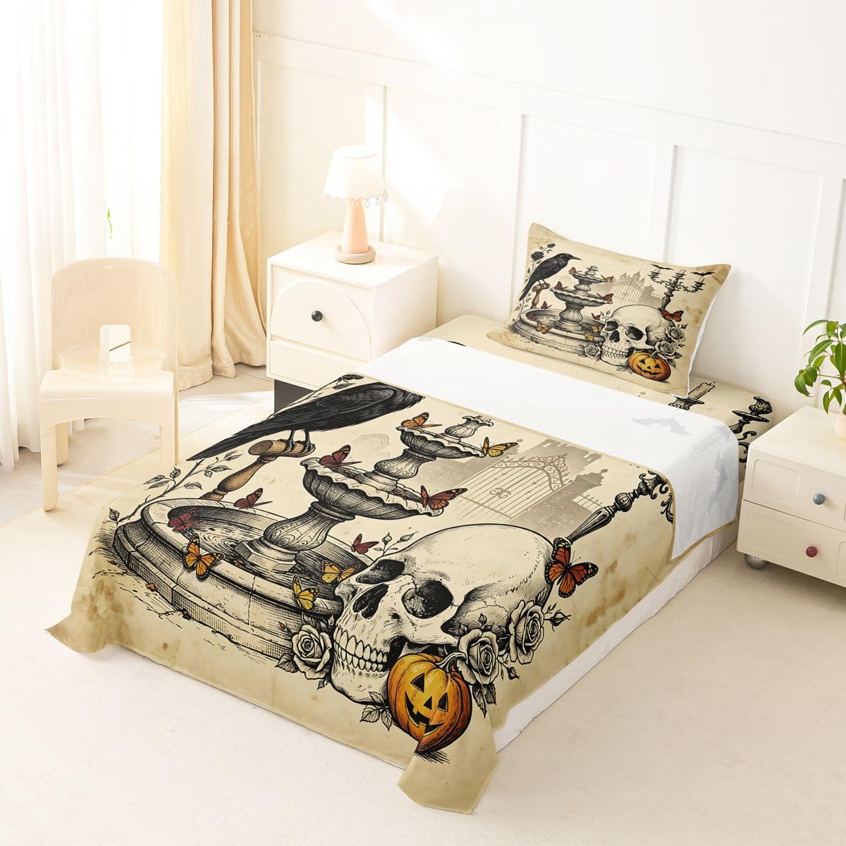 Erosebridal Gothic Skull Bed Sheets Twin Size Vintage Raven Butterfly Sheet Set Teens Adults Distressed Rose Fall Pumpkin Bedding Set Spooky Halloween Sheets