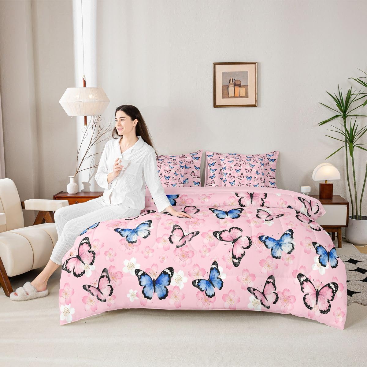 Erosebridal Watercolor Cute Butterflies 7 Piece Bedding Set Twin 3D Pink Flower Print Comforter Set with Sheets Floral Leaves Bed in a Bag Cherry Blossom Bed Sets Comforter