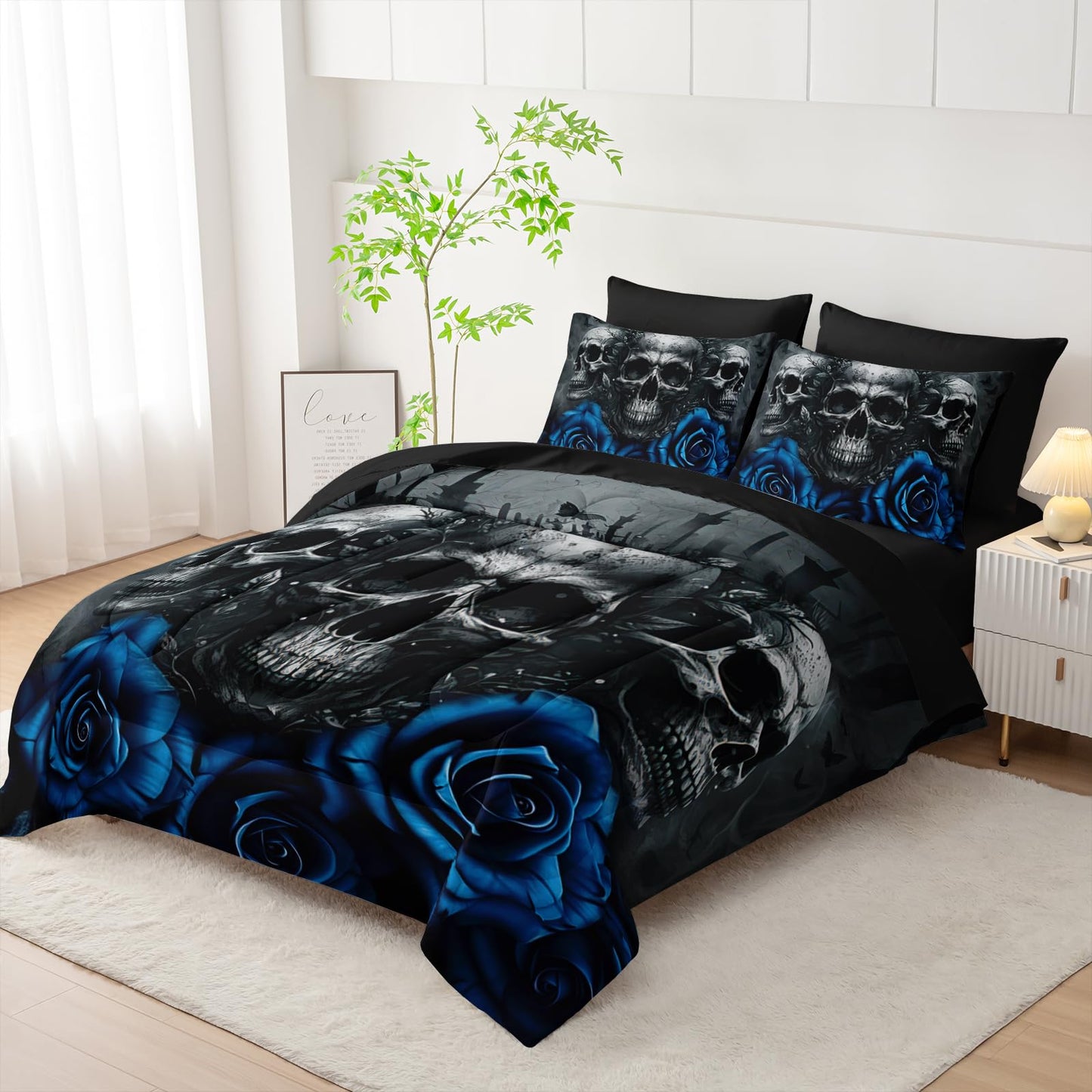 Tuzaovy Black Skull Comforter Set 7 Piece Twin Size Bed in A Bag,Goth Bedding for Room Decor,Soft Western Comforter Boho Hippie Bedding with Fitted Sheet,Flat Sheet, Pillowcases & Shams