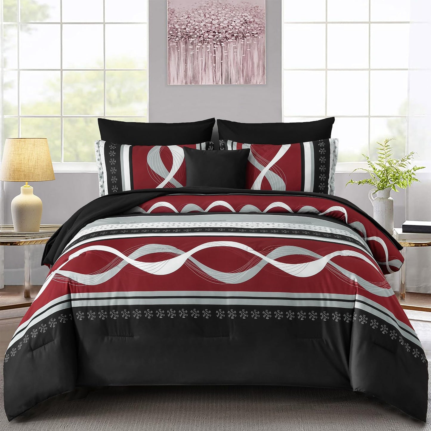 Anibedding Burgundy Comforter Set Queen Size, 8 Pieces Striped Bed in a Bag, Patchwork Comforter with Sheets Set Soft Microfiber Boho Bedding Sets(90"×90")
