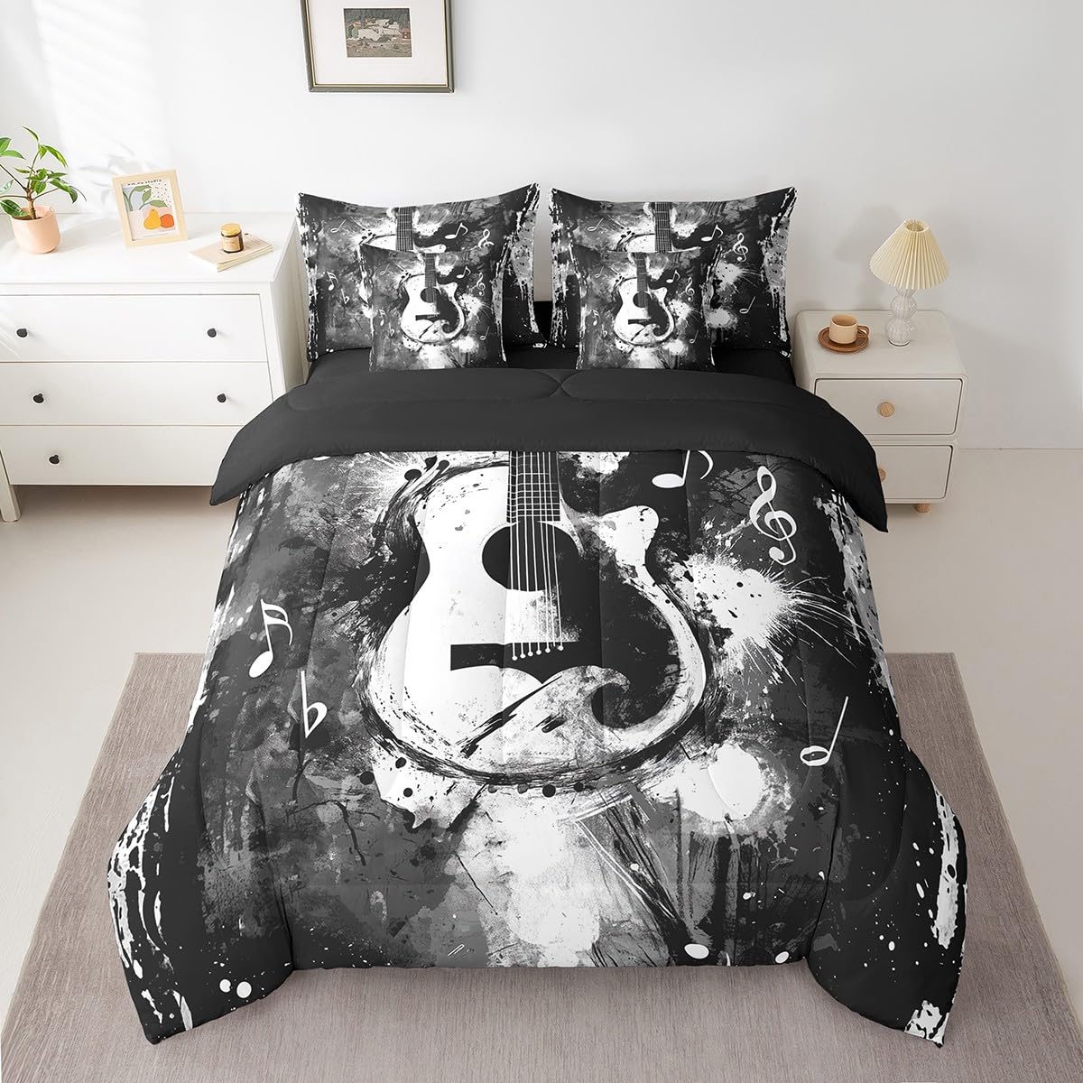Feelyou Guitar Comforter Set with Sheets Queen Size Rock Music Bed in a Bag for Boys Girls Teens Black Gray 7 Pieces Bedding Set Soft Lightweight Microfiber