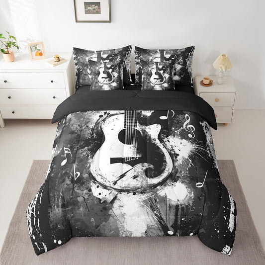 Feelyou Guitar Comforter Set with Sheets Queen Size Rock Music Bed in a Bag for Boys Girls Teens Black Gray 7 Pieces Bedding Set Soft Lightweight Microfiber