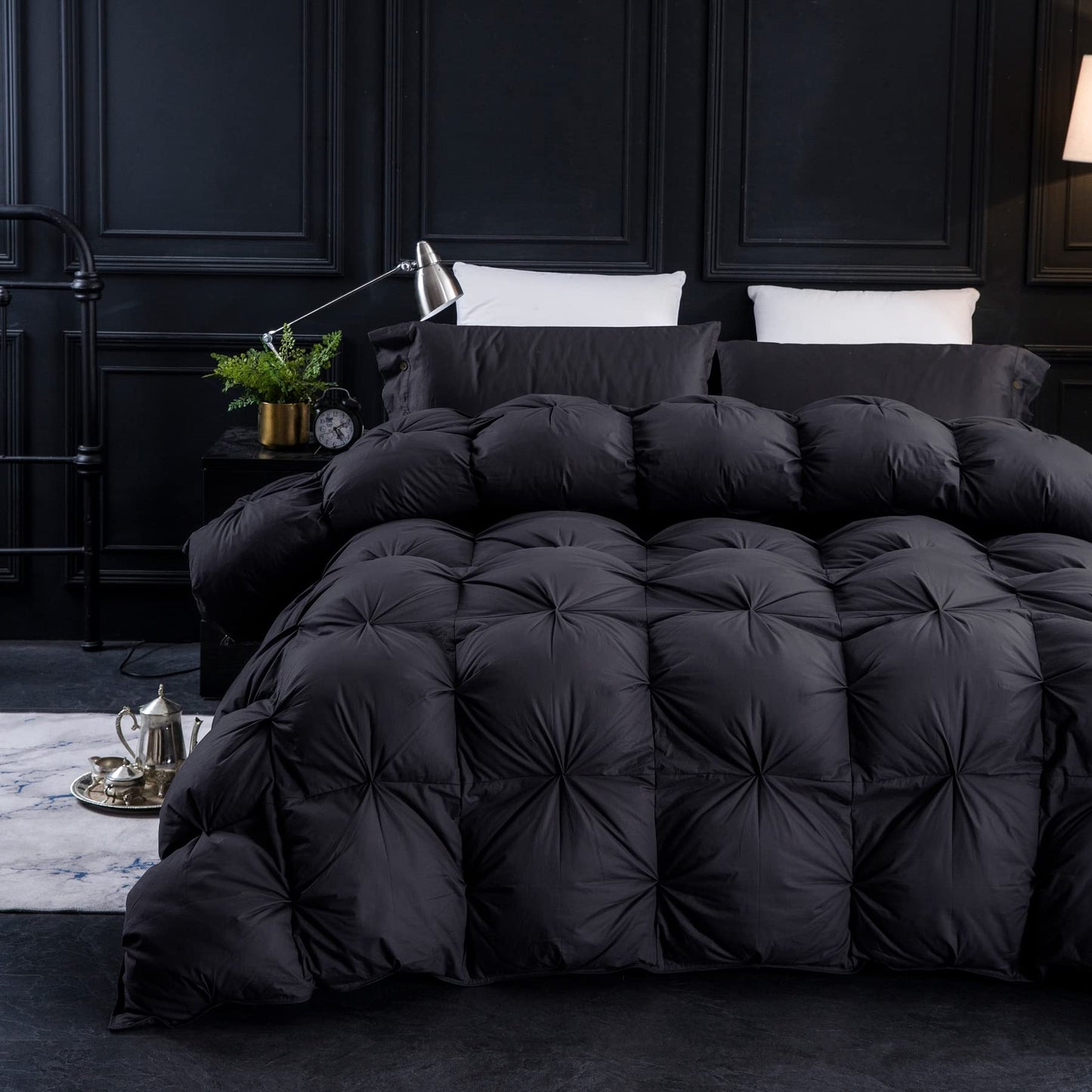Three Geese Pinch Pleat Waterfowl Feathers and Down Comforter Twin Size Duvet Insert,750+ Fill Power,1200TC 100% Cotton, Premium All Seasons Black-Gray Warm Hotel Comforter with 8 Tabs.