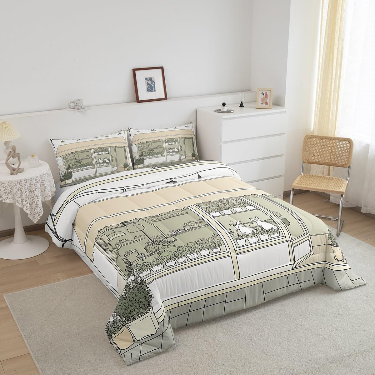 jejeloiu Cute Anime Bedding Set 2Pcs Twin Size Kids Rabbit Japanese Street Comforter Set for Boys Girls Bunny Duvet Quilt Soft Lightweight,Microfiber