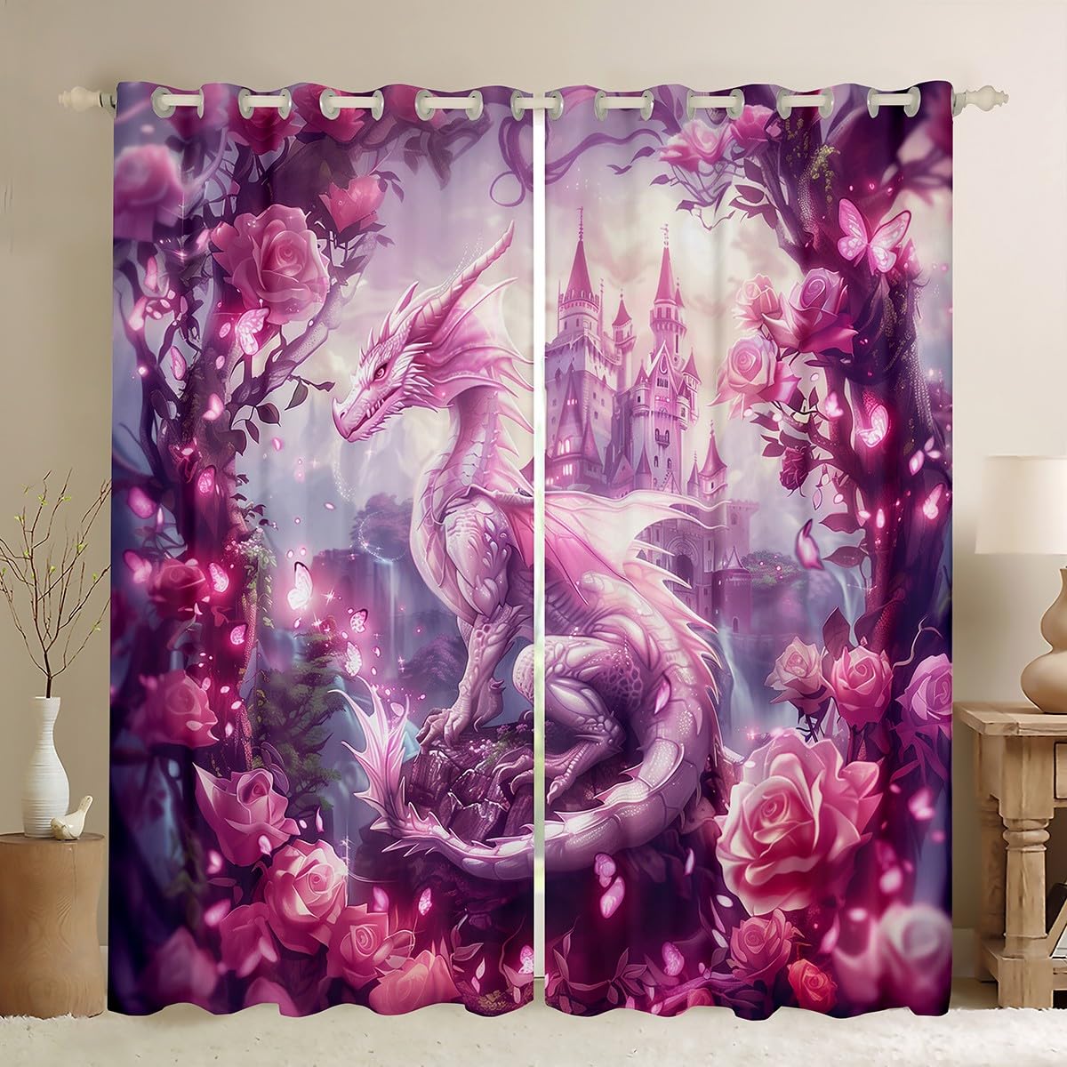 Manfei Dragon Kids Blackout Curtains,Tale Castle Dragon Theme Window Drapes for Girls Boys,Roses Flowers Butterfly Romantic Pink Dreamy Window Treatments Grommet Top 2 Panel Set,52Wx63L inch