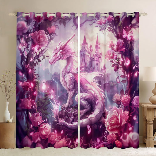 Manfei Dragon Kids Blackout Curtains,Tale Castle Dragon Theme Window Drapes for Girls Boys,Roses Flowers Butterfly Romantic Pink Dreamy Window Treatments Grommet Top 2 Panel Set,52Wx63L inch