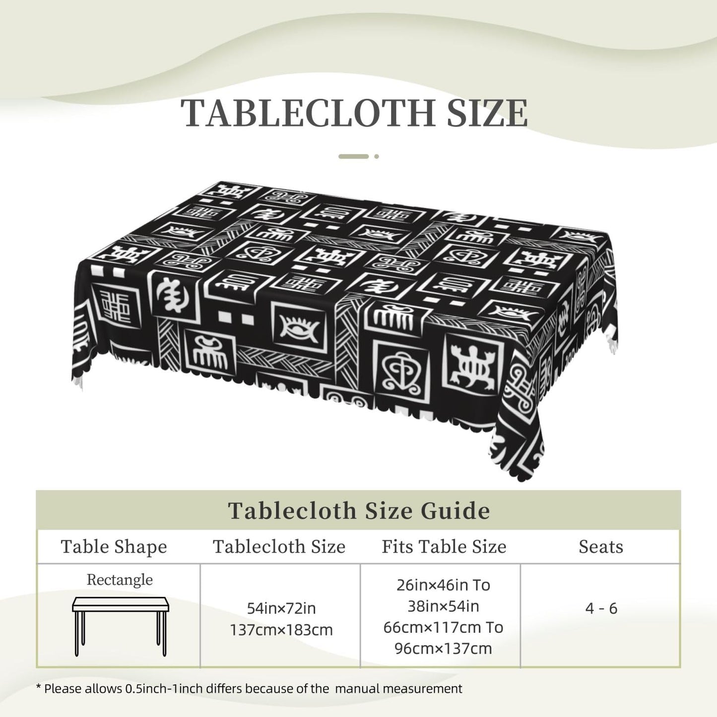 ZYPHORIEL African Adinkra Pattern Rectangle Tablecloths Black White Digital Symbols Table Cloths Decorative Kitchen Dining Tablecloth for Rectangular Tables,Washable Table Cover for Party 54 x 72 Inch