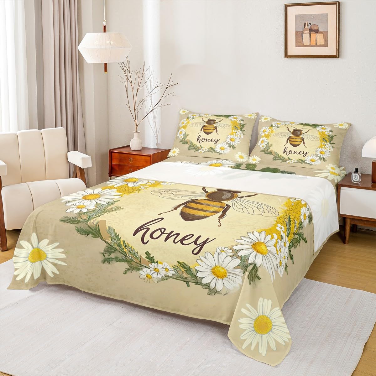 Erosebridal Kawaii Honey Bee Bedding Set Queen Cute Geometric Honeycomb Bed Sheets Farm Rustic Daisy Sheet Set for Kids Girls Teen Women,Soft Honey Bee Fitted Sheet + Flat Sheet + 2 Pillow Cases