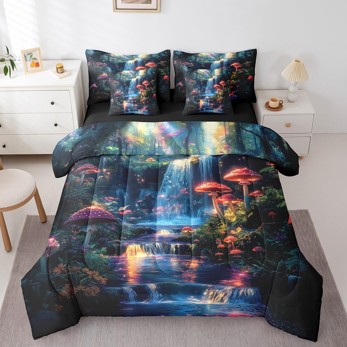 jejeloiu Cute Mushroom Comforter Set with Sheets Twin Size Kids Cartoon Mushrooms Tree 7 Pieces Bedding Set for Boys Girls Teens Waterfall Dreamy Bed in a Bag Breathable Nature Landscape Bed Set