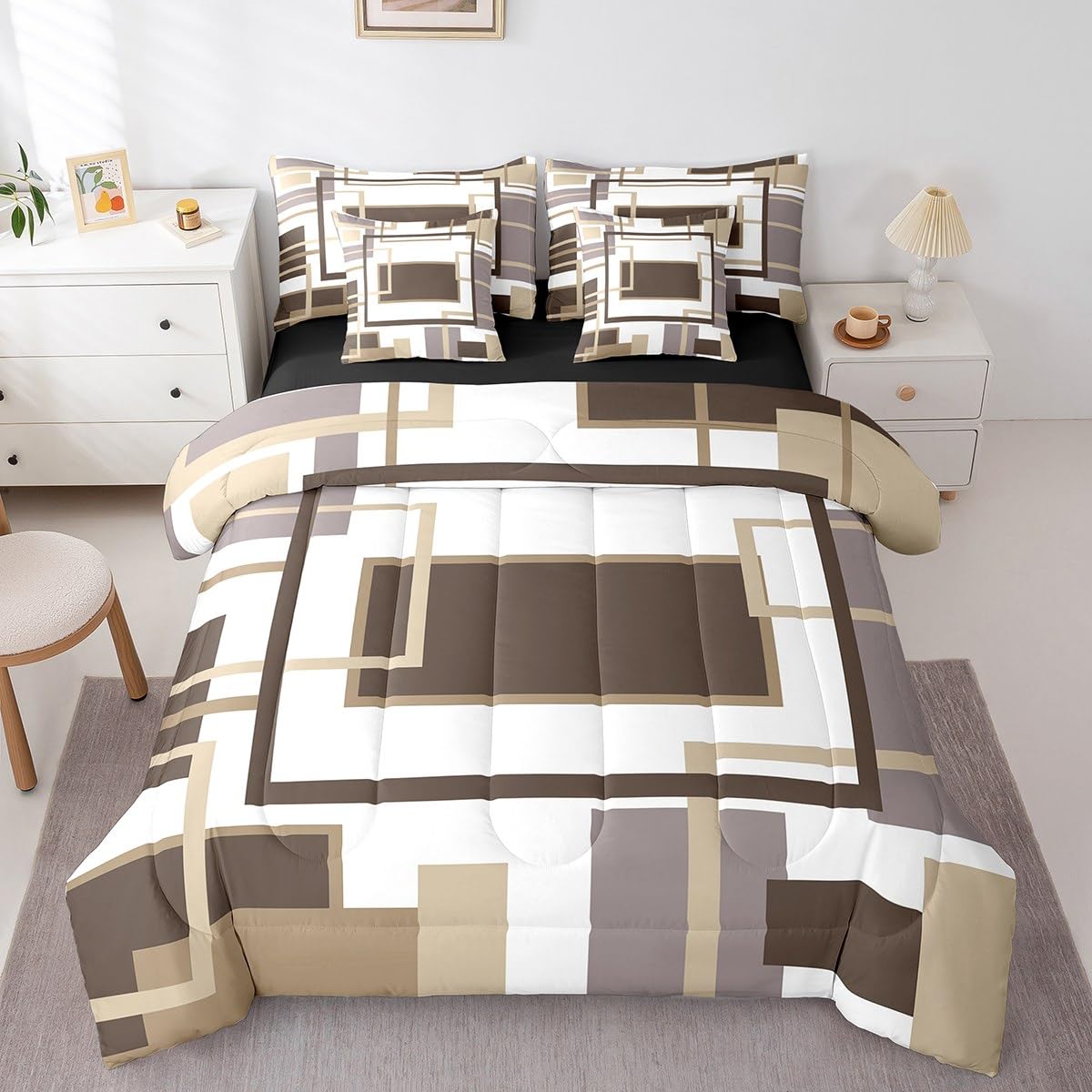 Erosebridal 7Pcs Khaki Square Geometric Comforter Set King,Minimalist Striped Abstract Bed in A Bag for Women Men Adults,Modern Aesthetic Art Quilt Set with Pillowcases,Geometric Stripes Bedding