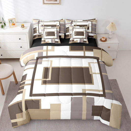 Erosebridal 7Pcs Khaki Square Geometric Comforter Set King,Minimalist Striped Abstract Bed in A Bag for Women Men Adults,Modern Aesthetic Art Quilt Set with Pillowcases,Geometric Stripes Bedding