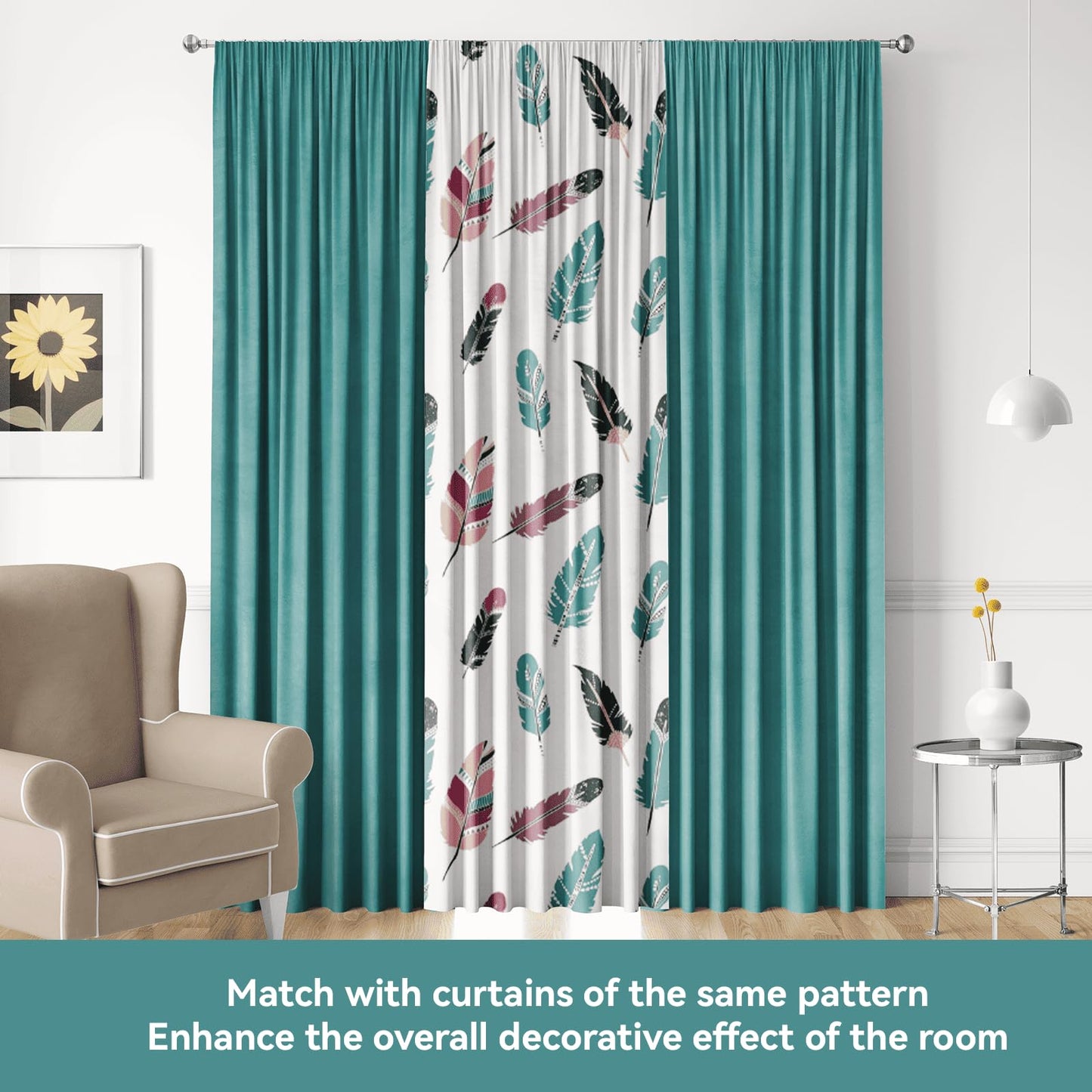 Chic 9-Piece Feather Print Queen Light Comforter Set with Matching Curtains, Green White Bedspread Set Ultra-Soft & Machine Washable Refined Update To Bedroom Decor, Ideal of All-Season Gift
